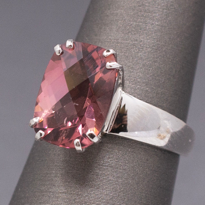 Juicy Peachy Pink Tourmaline Checkerboard Faceted Cocktail Ring in 14k White Gold
