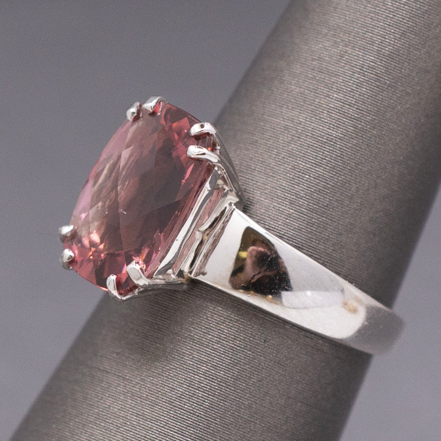 Juicy Peachy Pink Tourmaline Checkerboard Faceted Cocktail Ring in 14k White Gold