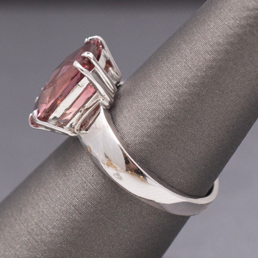 Juicy Peachy Pink Tourmaline Checkerboard Faceted Cocktail Ring in 14k White Gold