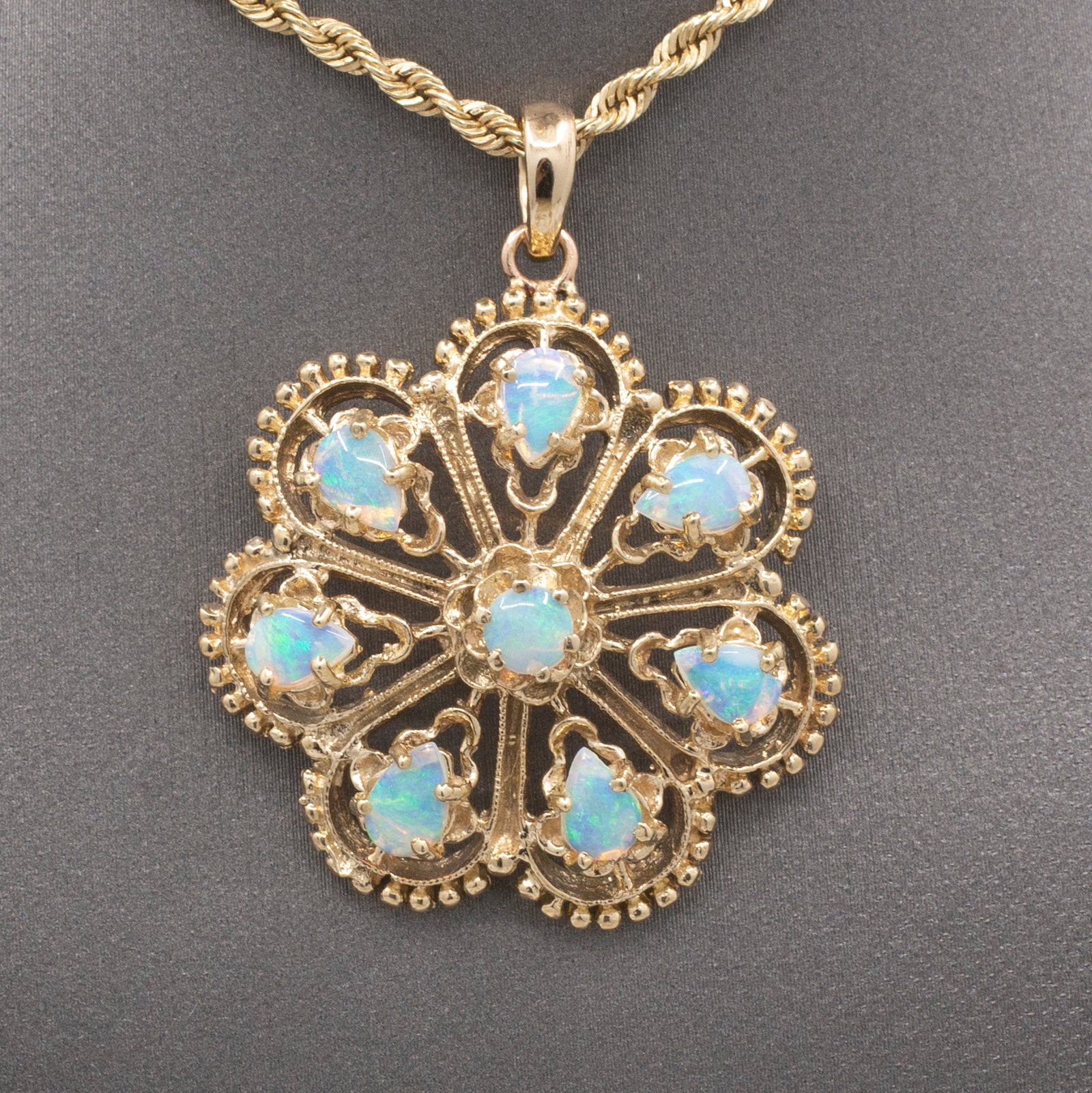 Vintage Fiery Australian Opal Domed Granulated Pendant in 14k Yellow Gold