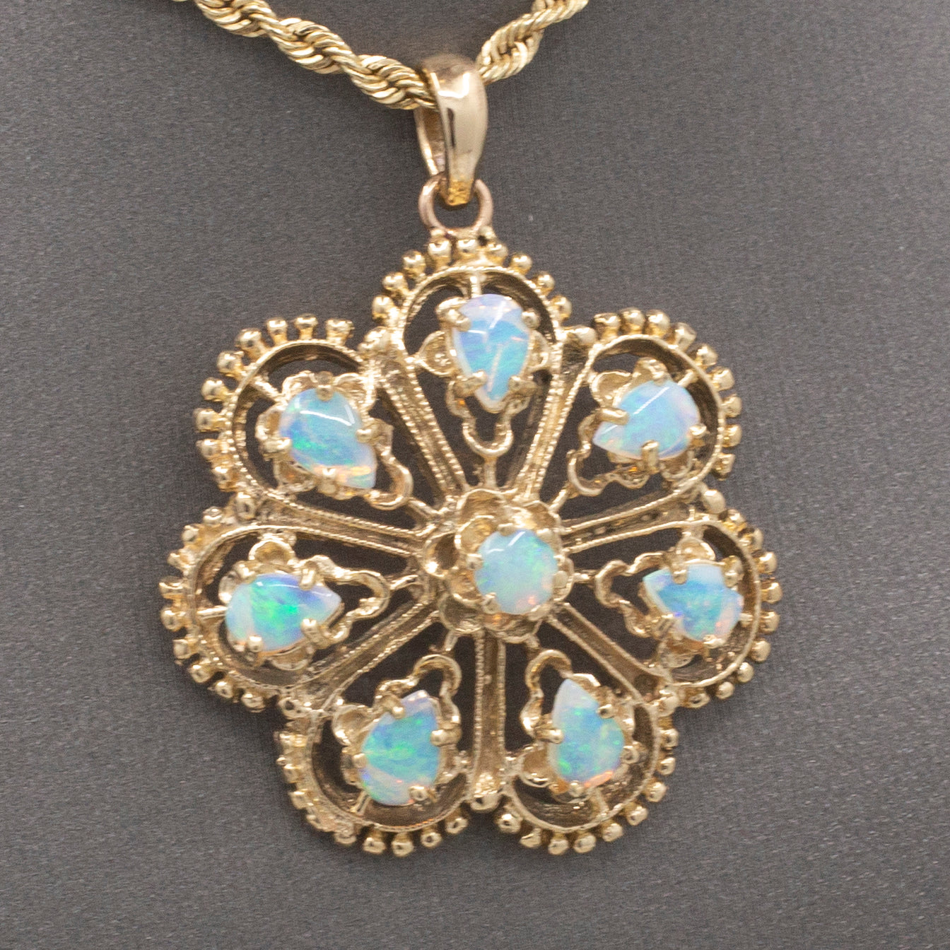 Vintage Fiery Australian Opal Domed Granulated Pendant in 14k Yellow Gold