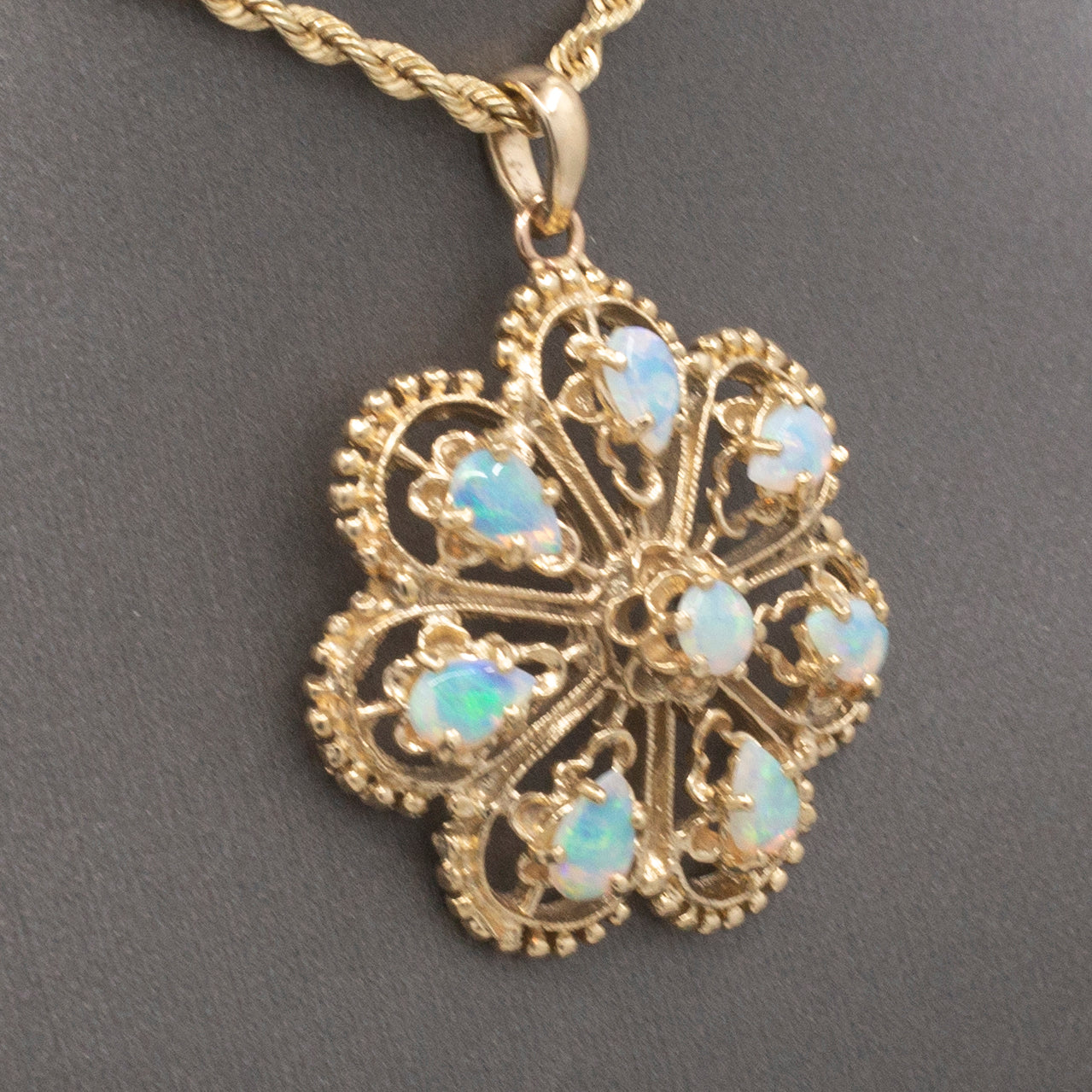 Vintage Fiery Australian Opal Domed Granulated Pendant in 14k Yellow Gold