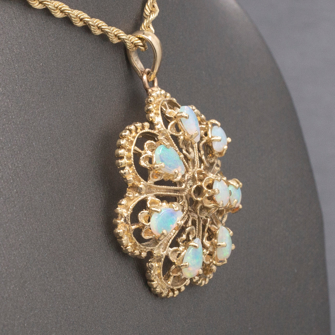 Vintage Fiery Australian Opal Domed Granulated Pendant in 14k Yellow Gold
