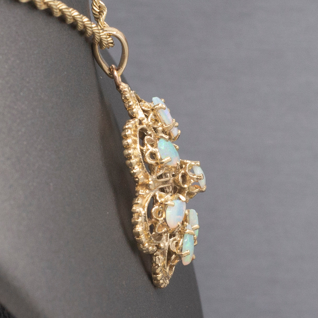 Vintage Fiery Australian Opal Domed Granulated Pendant in 14k Yellow Gold