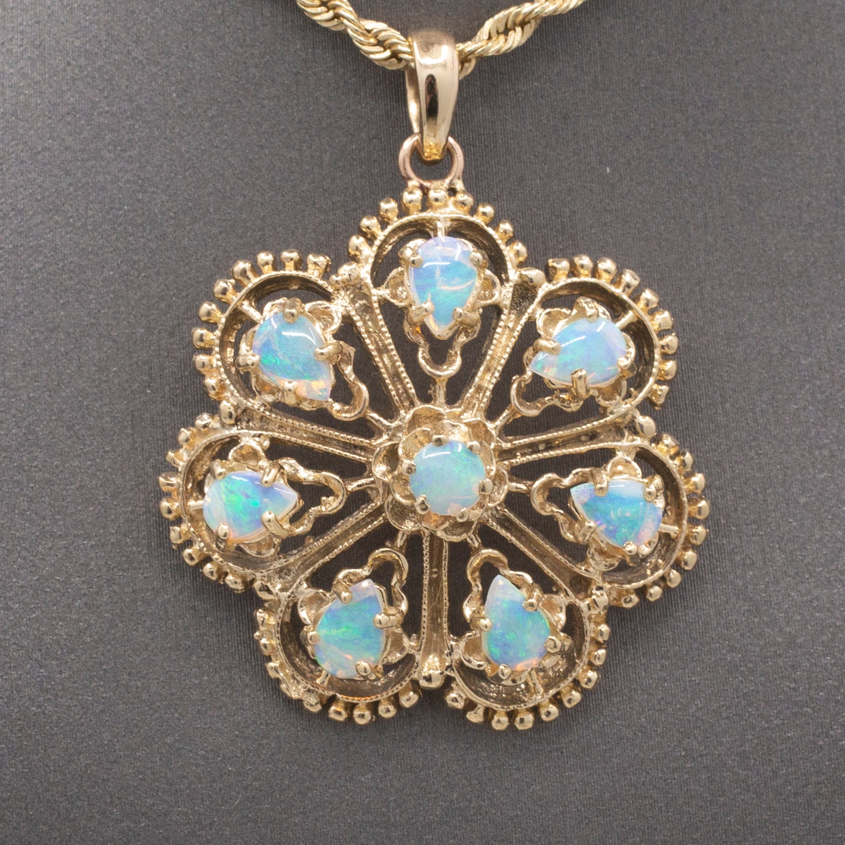 Vintage Fiery Australian Opal Domed Granulated Pendant in 14k Yellow Gold