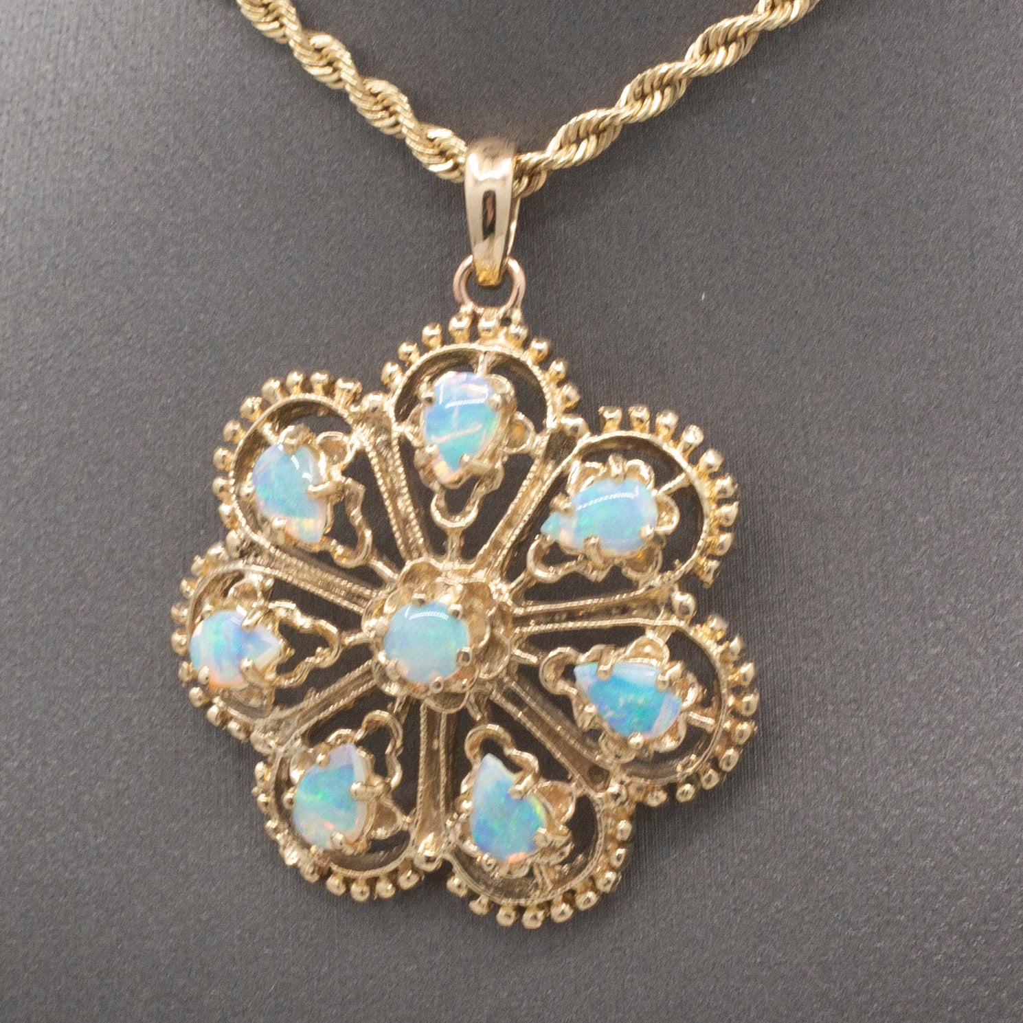 Vintage Fiery Australian Opal Domed Granulated Pendant in 14k Yellow Gold