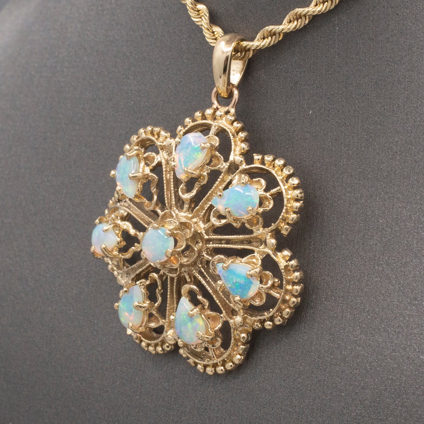 Vintage Fiery Australian Opal Domed Granulated Pendant in 14k Yellow Gold