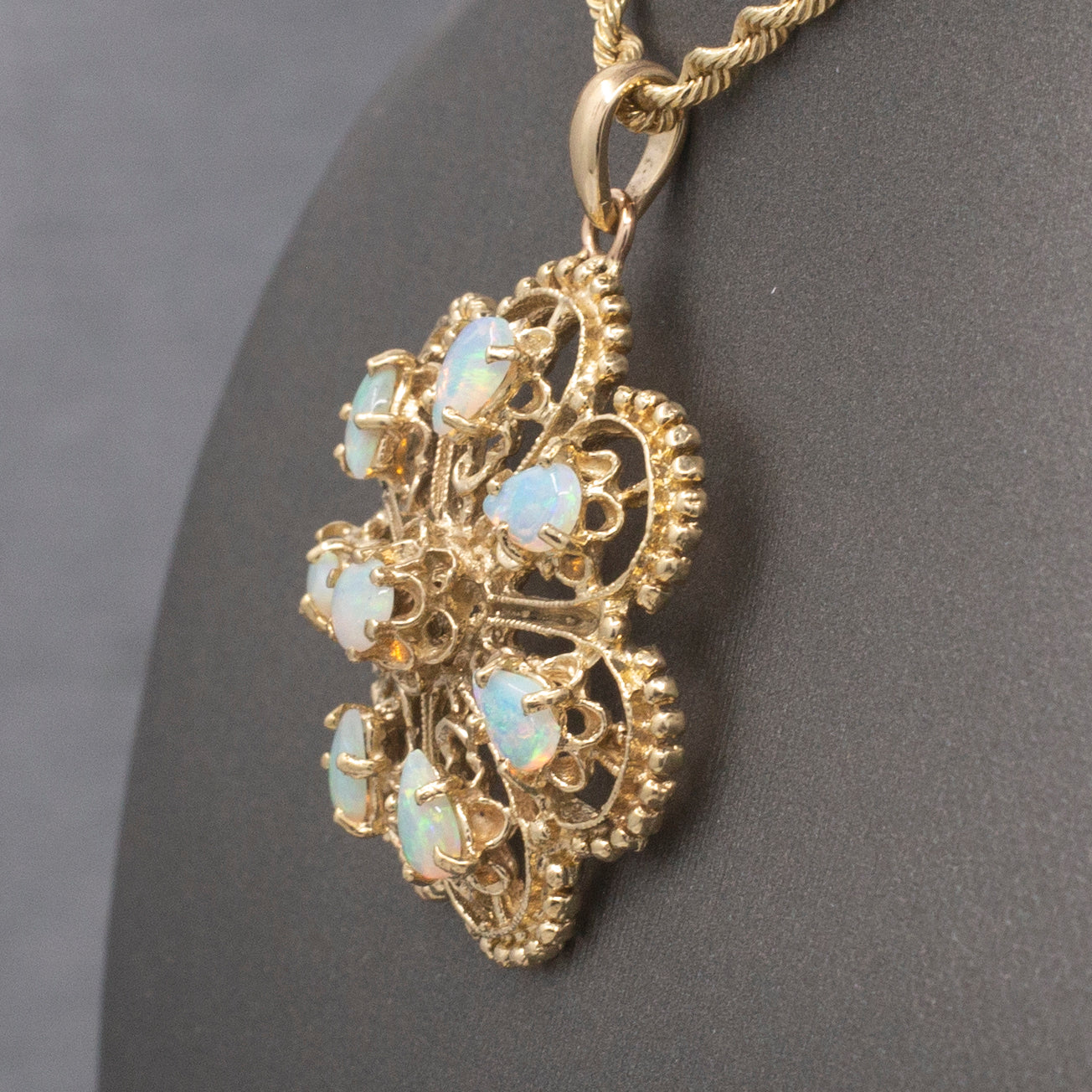Vintage Fiery Australian Opal Domed Granulated Pendant in 14k Yellow Gold