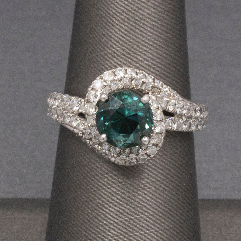 Teal Green Blue Indicolite Tourmaline and Diamond Bypass Ring in 14k White Gold