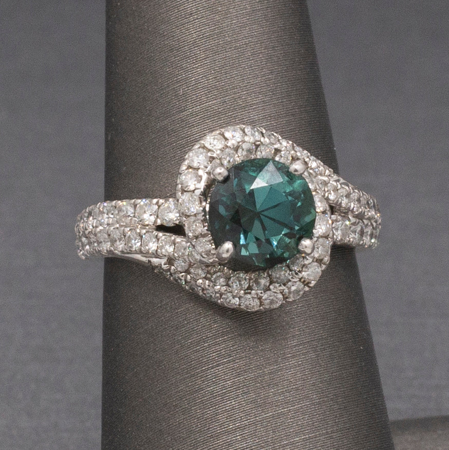 Teal Green Blue Indicolite Tourmaline and Diamond Bypass Ring in 14k White Gold