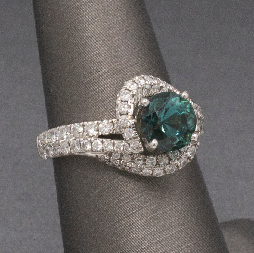 Teal Green Blue Indicolite Tourmaline and Diamond Bypass Ring in 14k White Gold