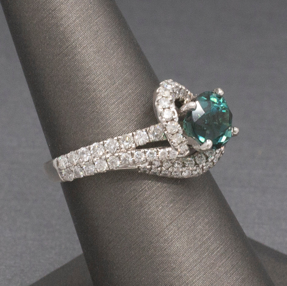 Teal Green Blue Indicolite Tourmaline and Diamond Bypass Ring in 14k White Gold