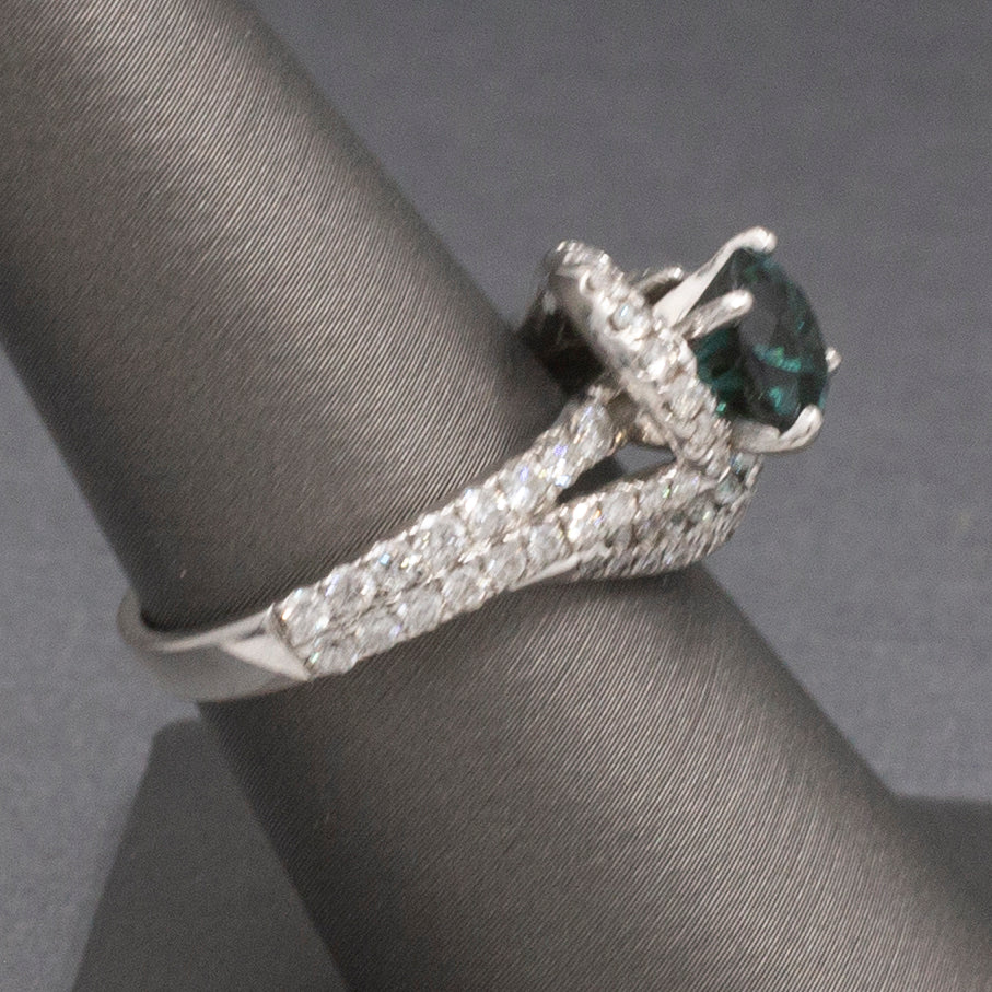 Teal Green Blue Indicolite Tourmaline and Diamond Bypass Ring in 14k White Gold