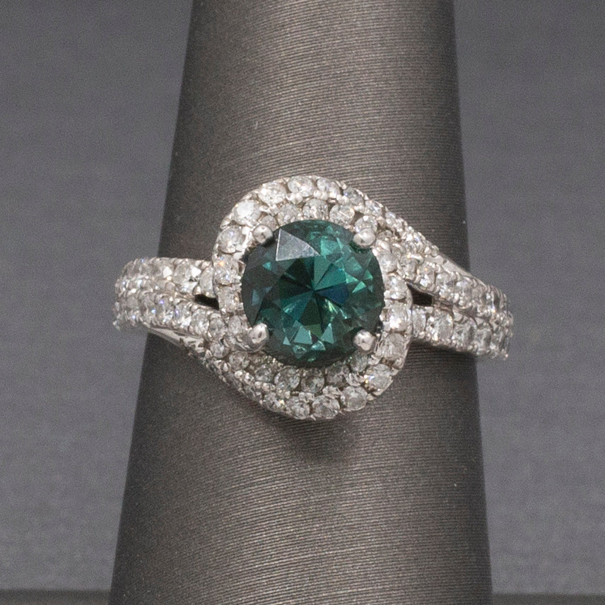 Teal Green Blue Indicolite Tourmaline and Diamond Bypass Ring in 14k White Gold