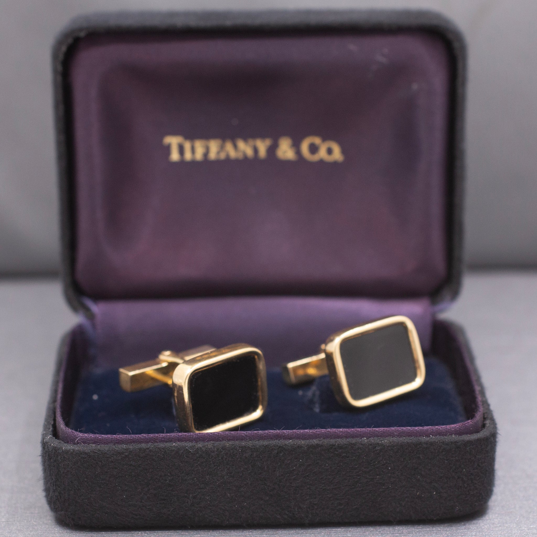 Vintage Tiffany & Co. Onyx Cufflinks in 14k Yellow Gold with Box