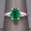 Vintage Emerald Cut Emerald and Baguette Diamond Ring in 18k White Gold