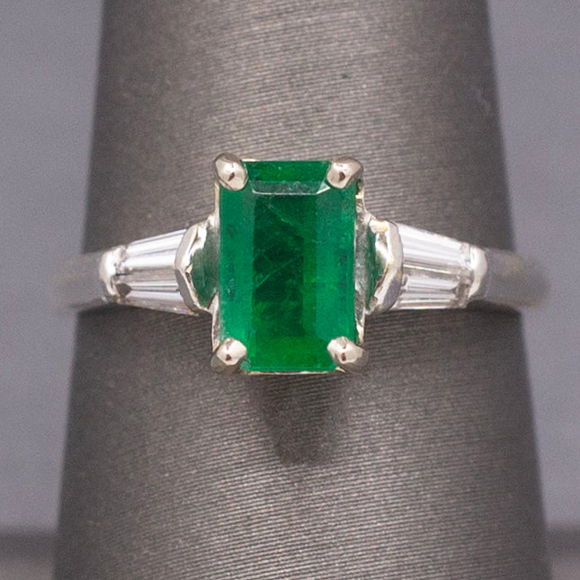 Vintage Emerald Cut Emerald and Baguette Diamond Ring in 18k White Gold