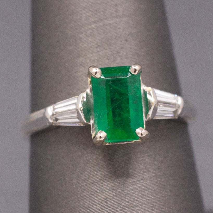 Vintage Emerald Cut Emerald and Baguette Diamond Ring in 18k White Gold