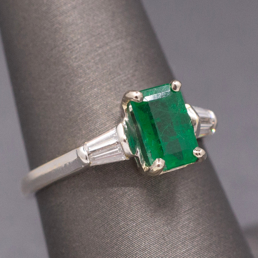 Vintage Emerald Cut Emerald and Baguette Diamond Ring in 18k White Gold