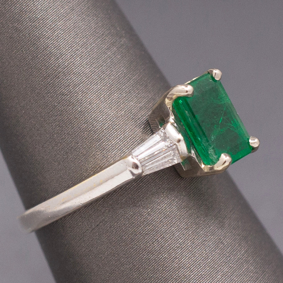 Vintage Emerald Cut Emerald and Baguette Diamond Ring in 18k White Gold