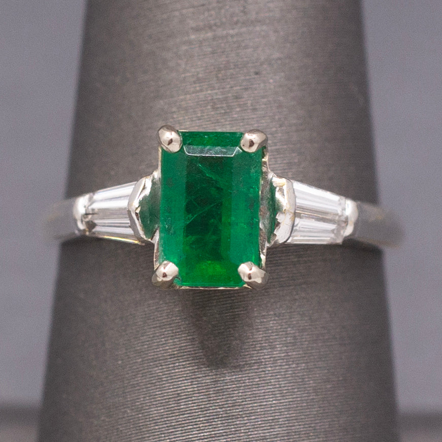 Vintage Emerald Cut Emerald and Baguette Diamond Ring in 18k White Gold