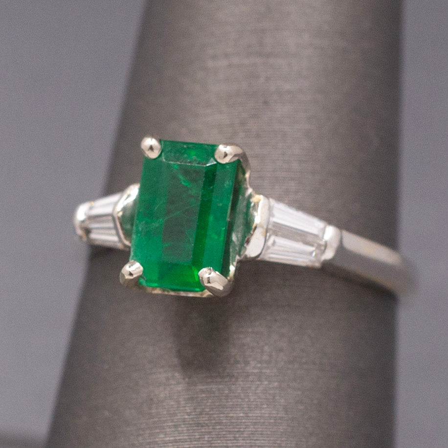 Vintage Emerald Cut Emerald and Baguette Diamond Ring in 18k White Gold