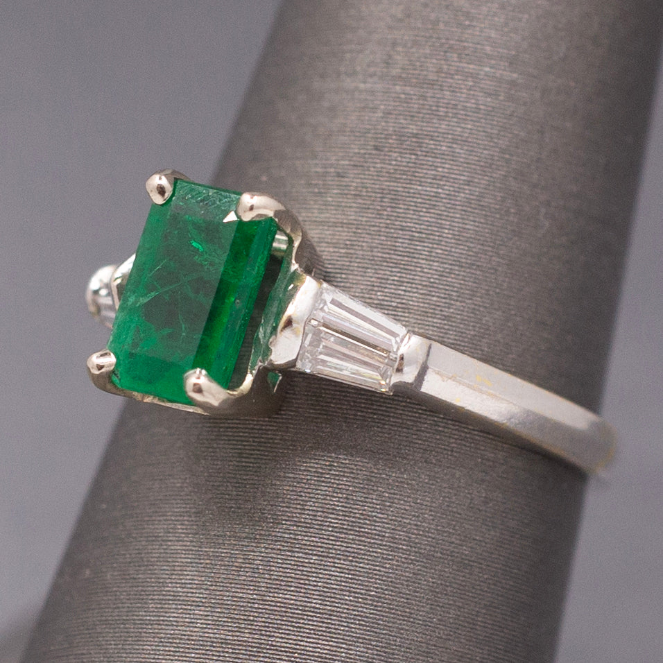 Vintage Emerald Cut Emerald and Baguette Diamond Ring in 18k White Gold