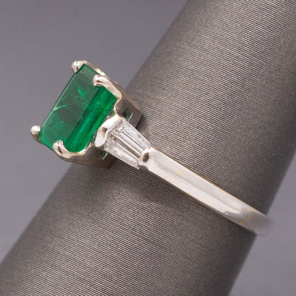 Vintage Emerald Cut Emerald and Baguette Diamond Ring in 18k White Gold