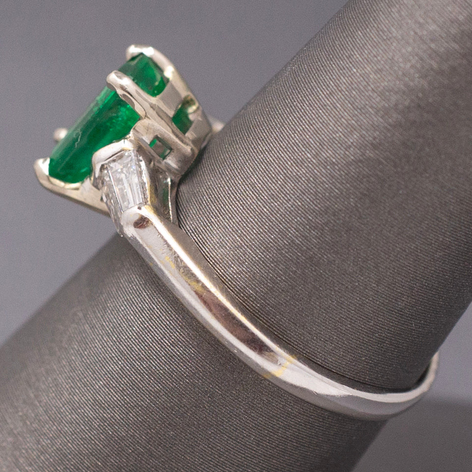 Vintage Emerald Cut Emerald and Baguette Diamond Ring in 18k White Gold