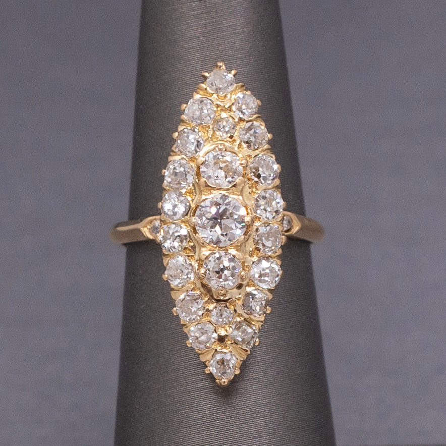 Antique Victorian Navette Old Mine and Old European Cut Diamond Ring in 18k Yellow Gold
