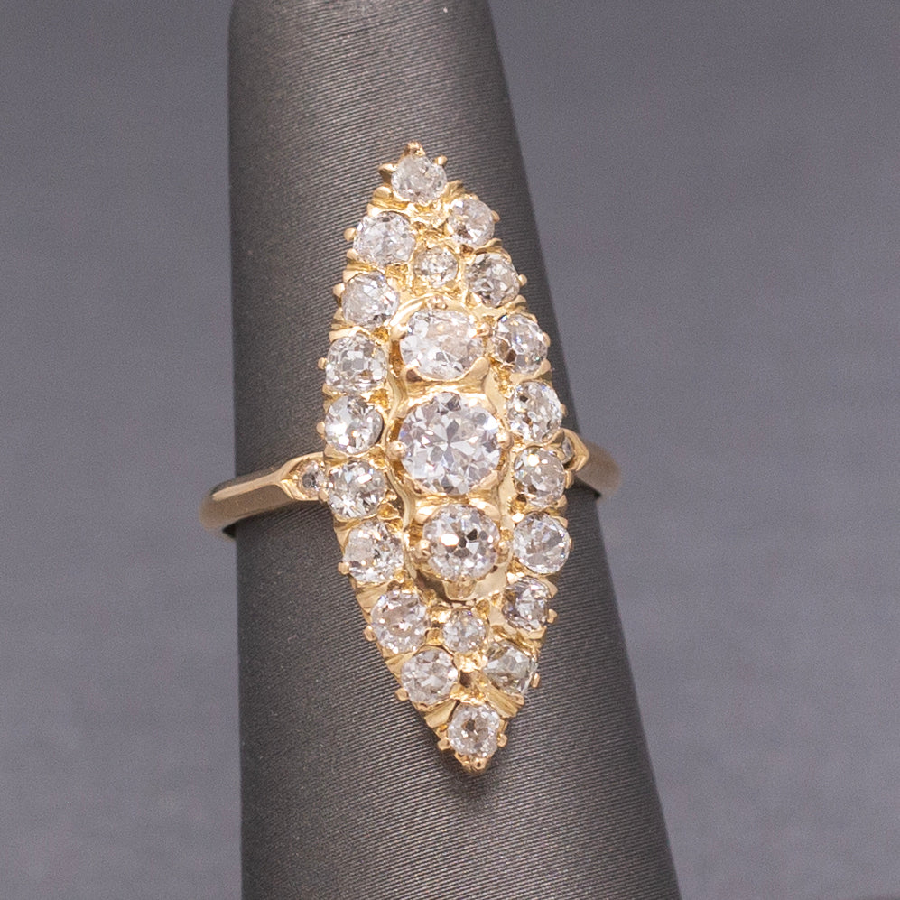 Antique Victorian Navette Old Mine and Old European Cut Diamond Ring in 18k Yellow Gold