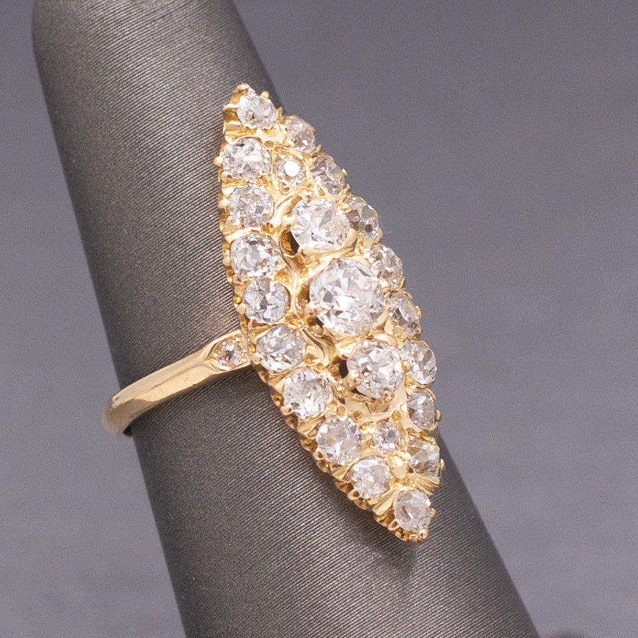 Antique Victorian Navette Old Mine and Old European Cut Diamond Ring in 18k Yellow Gold