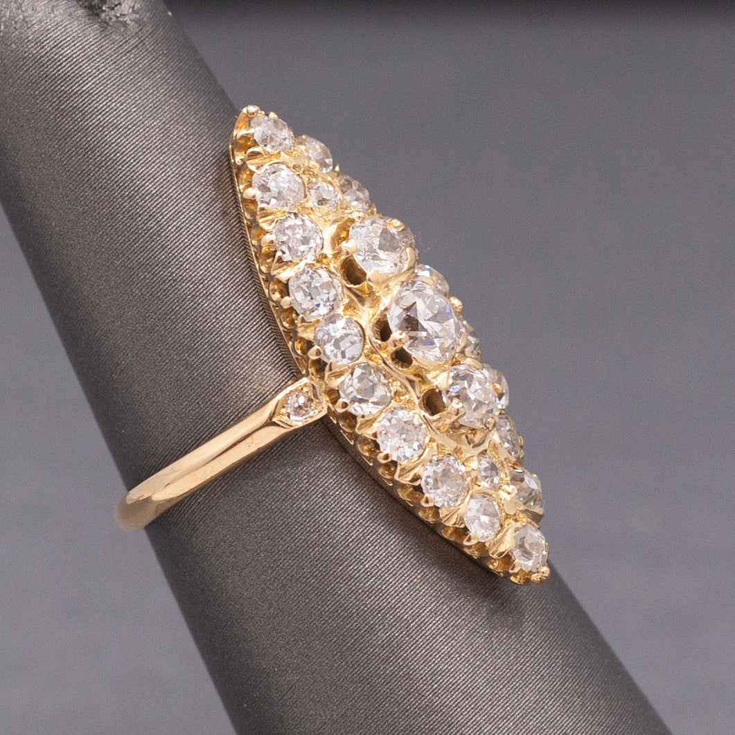 Antique Victorian Navette Old Mine and Old European Cut Diamond Ring in 18k Yellow Gold