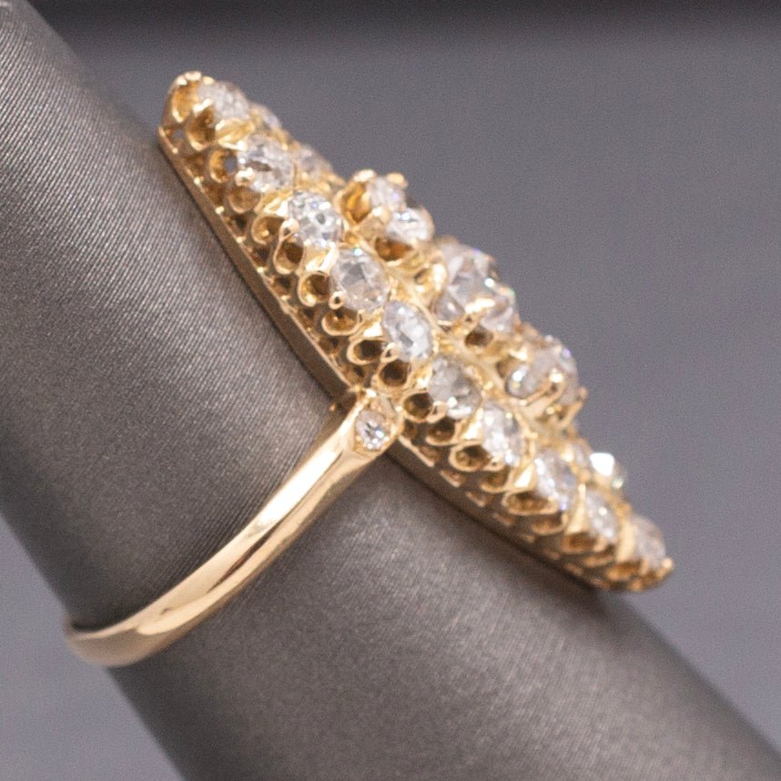 Antique Victorian Navette Old Mine and Old European Cut Diamond Ring in 18k Yellow Gold