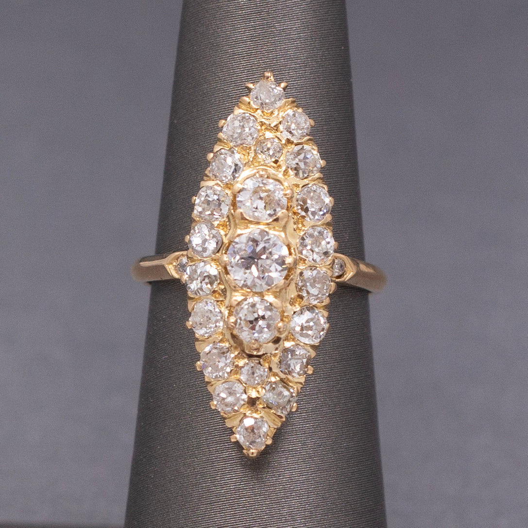 Antique Victorian Navette Old Mine and Old European Cut Diamond Ring in 18k Yellow Gold