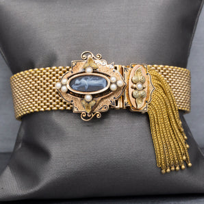Antique Victorian Onyx Cameo and Pearl Mesh Enamel Slide Fringe Bracelet in 14k Yellow Gold