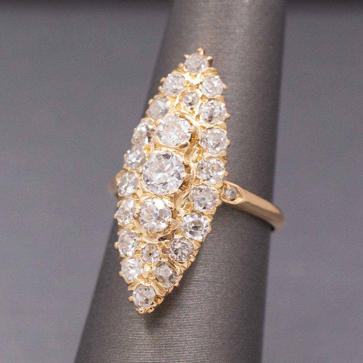 Antique Victorian Navette Old Mine and Old European Cut Diamond Ring in 18k Yellow Gold