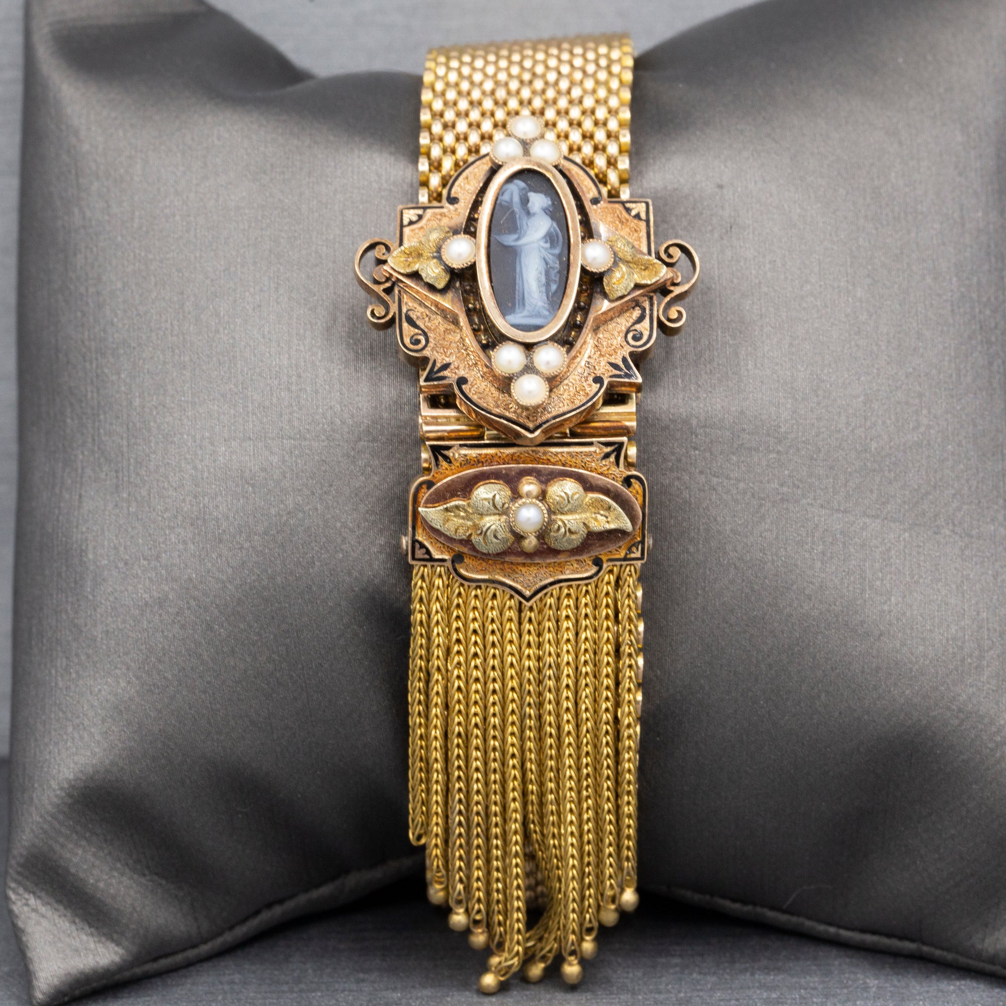 Antique Victorian Onyx Cameo and Pearl Mesh Enamel Slide Fringe Bracelet in 14k Yellow Gold