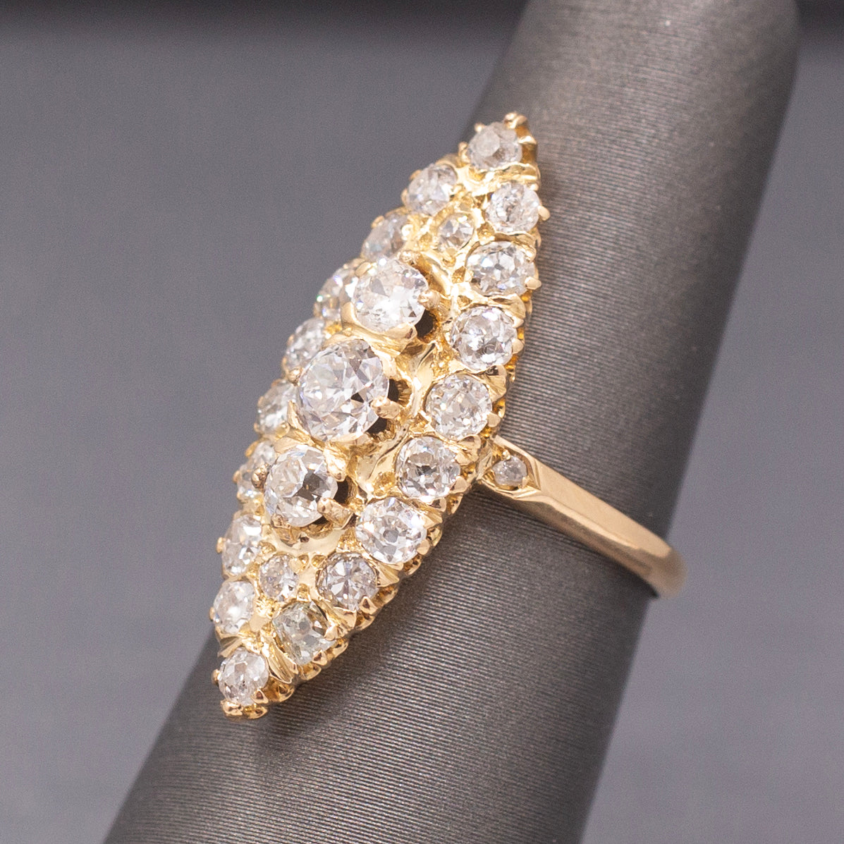 Antique Victorian Navette Old Mine and Old European Cut Diamond Ring in 18k Yellow Gold