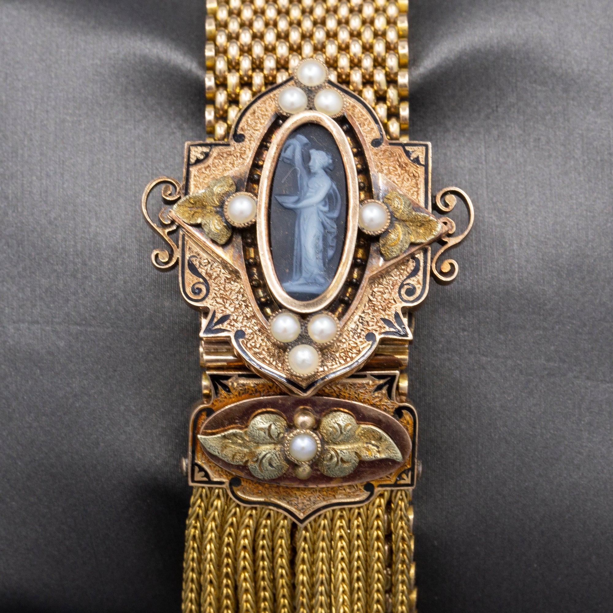 Antique Victorian Onyx Cameo and Pearl Mesh Enamel Slide Fringe Bracelet in 14k Yellow Gold