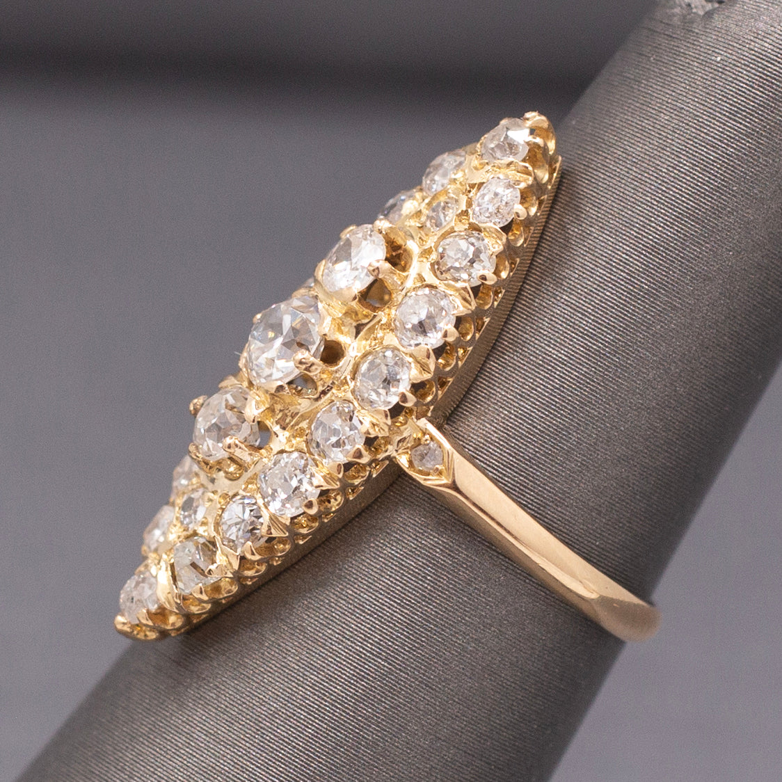 Antique Victorian Navette Old Mine and Old European Cut Diamond Ring in 18k Yellow Gold