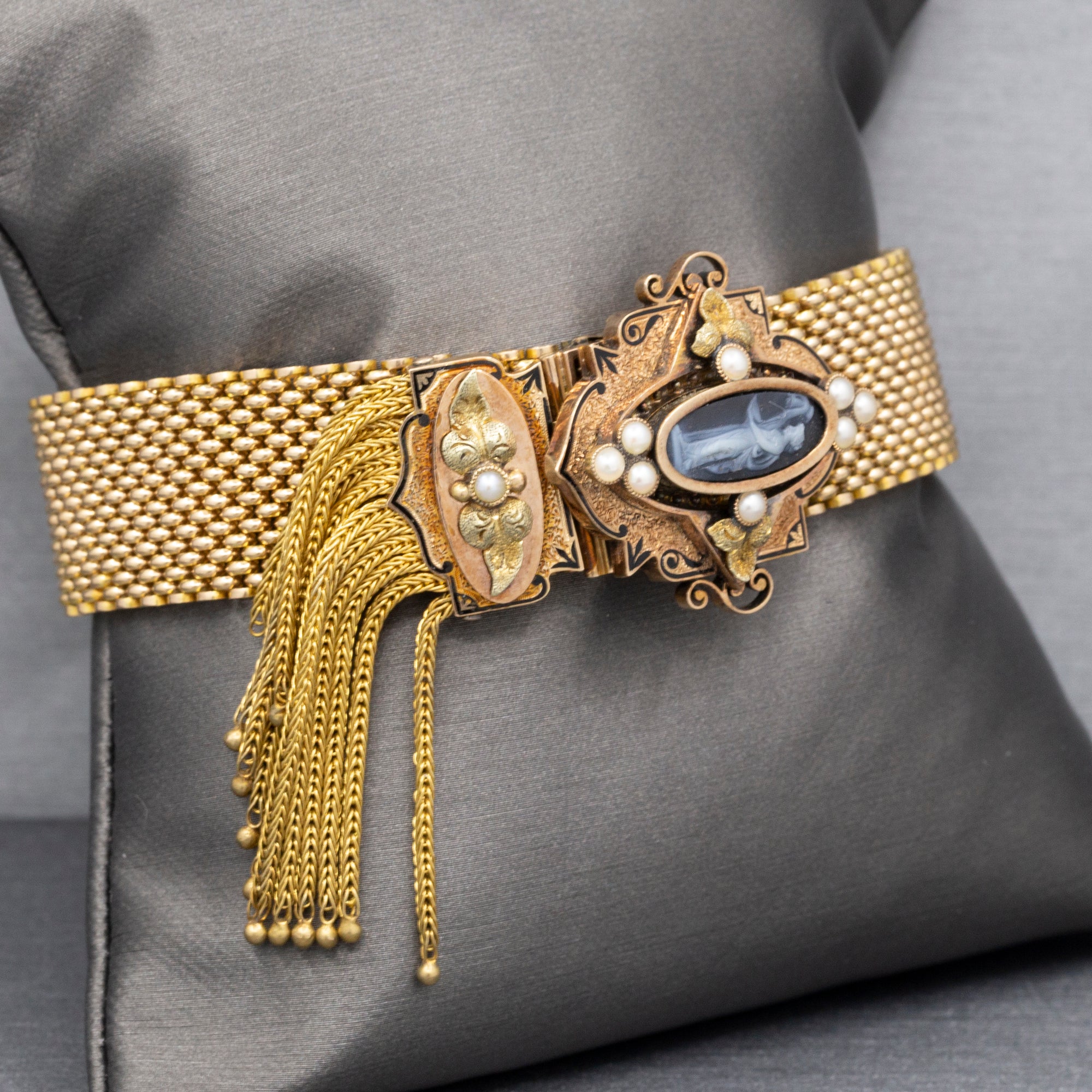 Antique Victorian Onyx Cameo and Pearl Mesh Enamel Slide Fringe Bracelet in 14k Yellow Gold