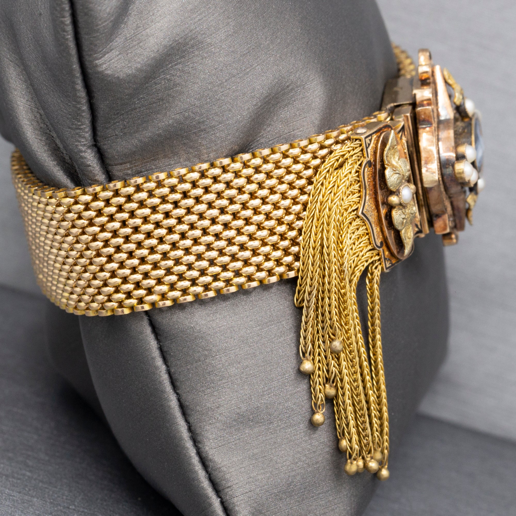 Antique Victorian Onyx Cameo and Pearl Mesh Enamel Slide Fringe Bracelet in 14k Yellow Gold