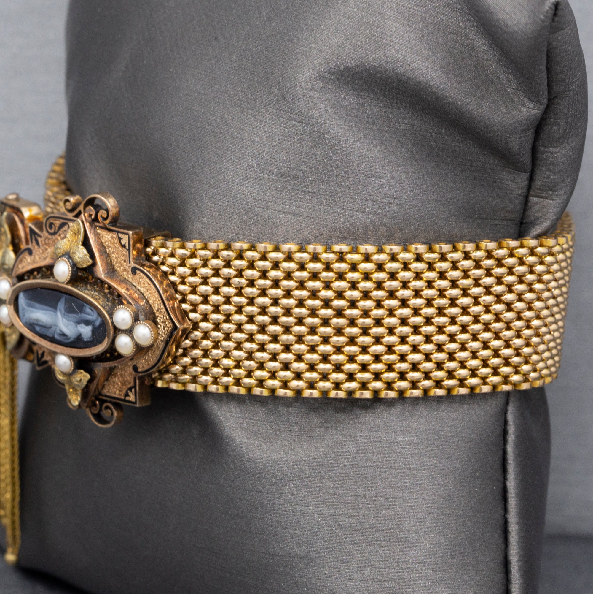 Antique Victorian Onyx Cameo and Pearl Mesh Enamel Slide Fringe Bracelet in 14k Yellow Gold