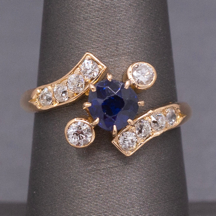 Victorian GIA Certified Royal Blue Sapphire and Old Cut Diamond Ring in 14k Yellow Gold