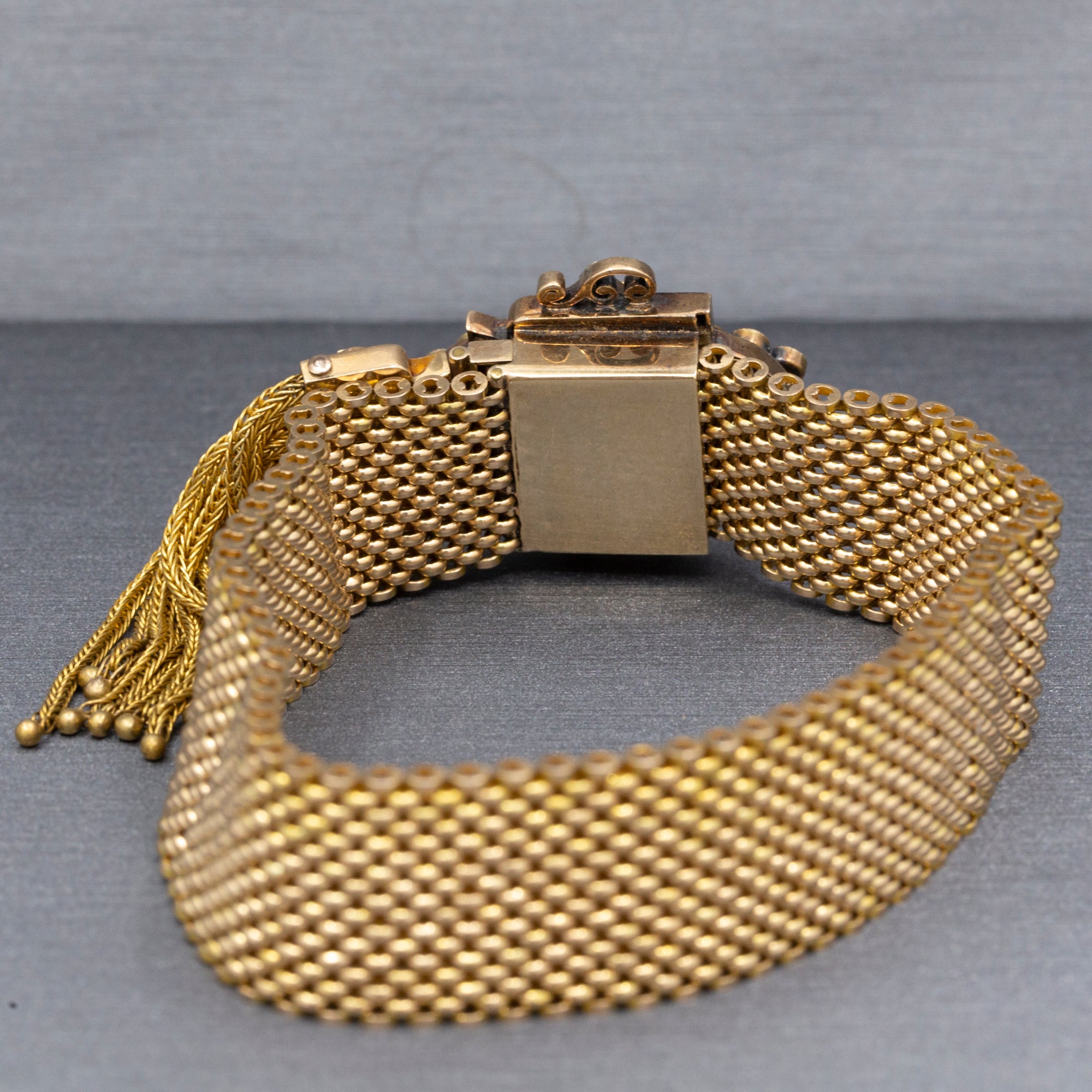 Antique Victorian Onyx Cameo and Pearl Mesh Enamel Slide Fringe Bracelet in 14k Yellow Gold