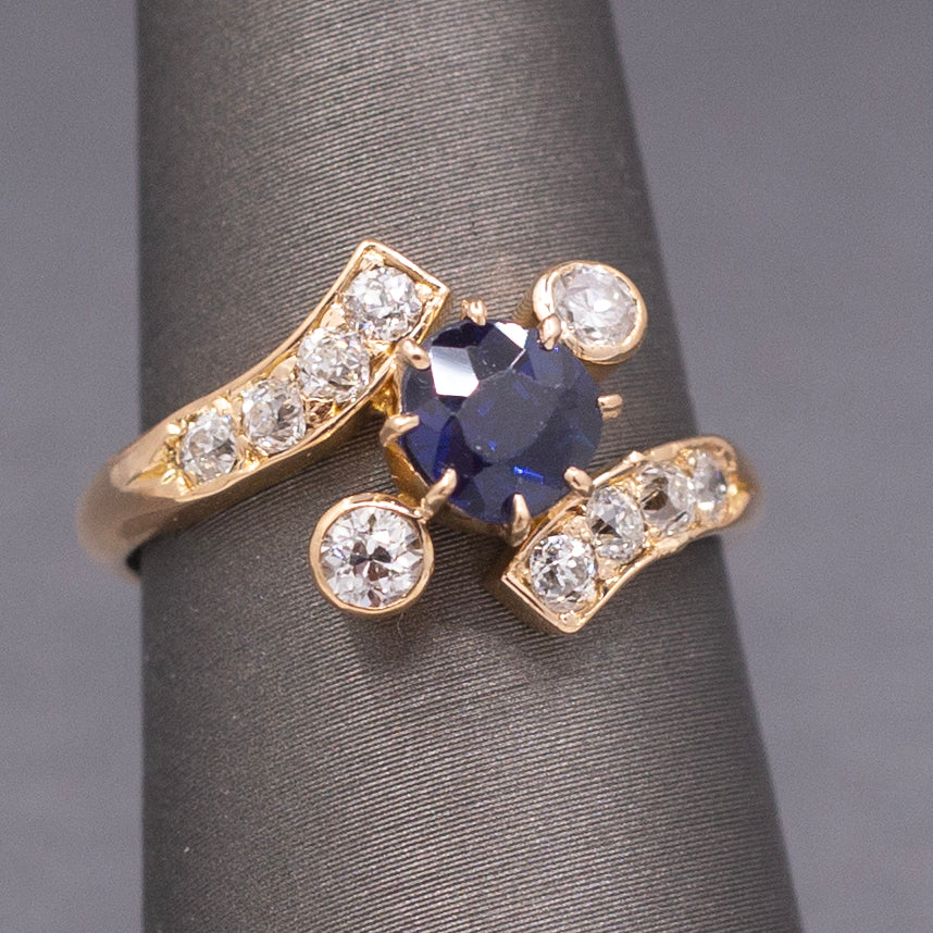 Victorian GIA Certified Royal Blue Sapphire and Old Cut Diamond Ring in 14k Yellow Gold