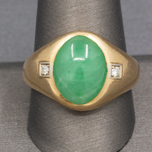 Gorgeous Green Type A Jade Jadeite and Diamond Bezel Set Ring in 14k Yellow Gold