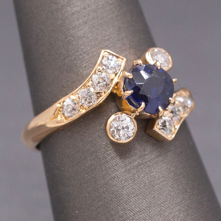 Victorian GIA Certified Royal Blue Sapphire and Old Cut Diamond Ring in 14k Yellow Gold