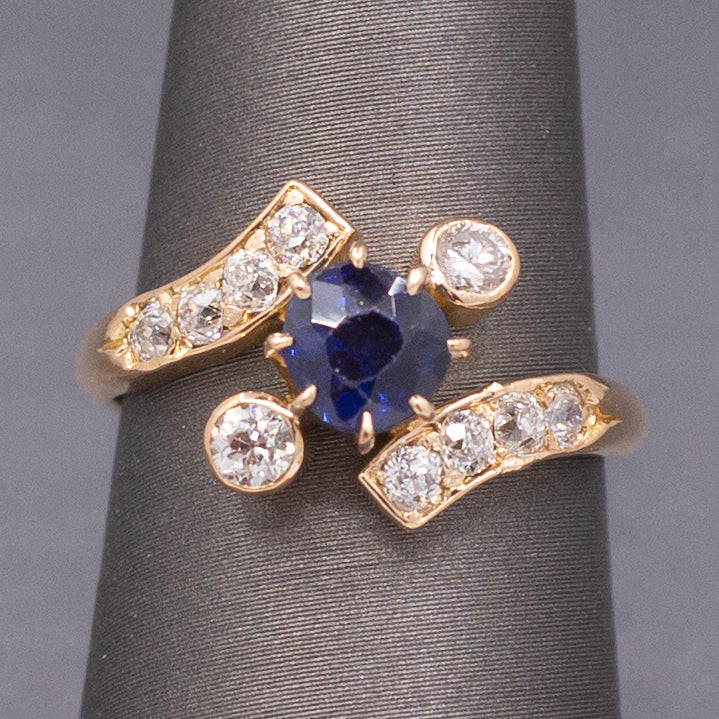 Victorian GIA Certified Royal Blue Sapphire and Old Cut Diamond Ring in 14k Yellow Gold